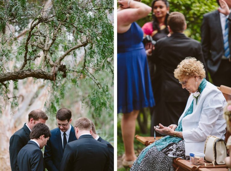 groomsmen praying before wedding while grandma checks facebook